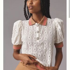 Maeve Puff-sleeve lace polo top